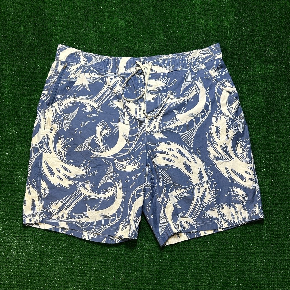 LL Bean Swim Trunks Mens L Blue Marlin Fish Print Mesh Lined Board Shorts 286405